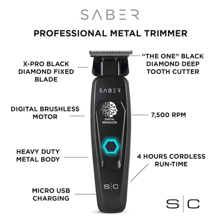 Saber Trimmer - Professional Cordless Hair Trimmer with Full Metal Body and Digital Brushless Motor in Black