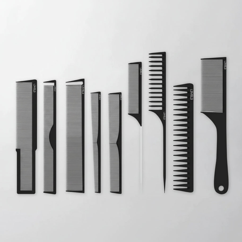 A set of nine black hair styling combs arranged in a line on a light background.