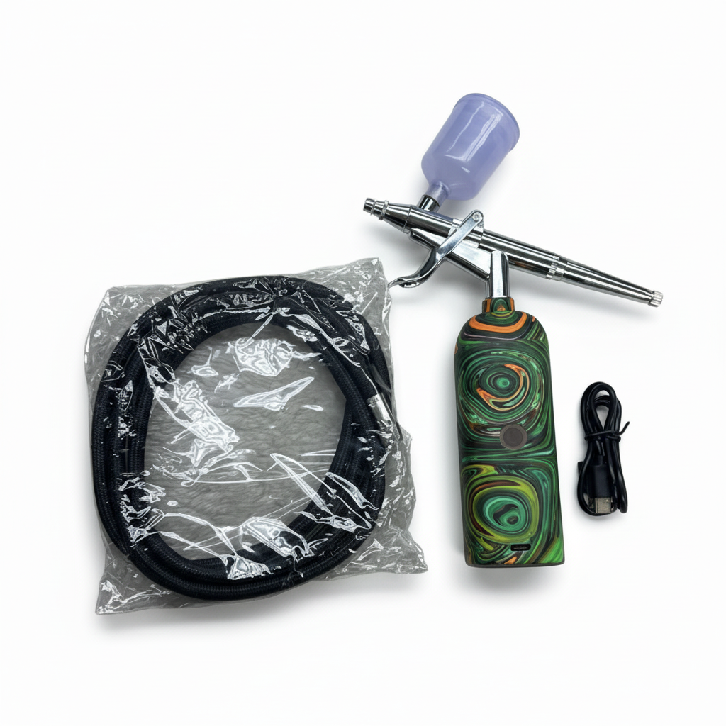 Airbrush kit with airbrush gun, hose, and power supply on a white background