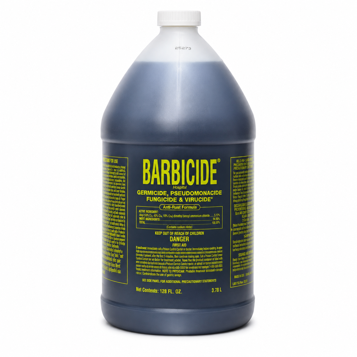 Barbicide bottle with blue liquid on a white background