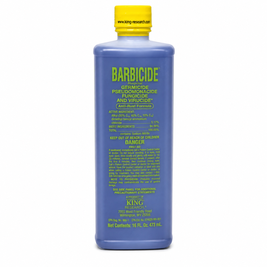Blue bottle of Barbicide with yellow cap on a white background