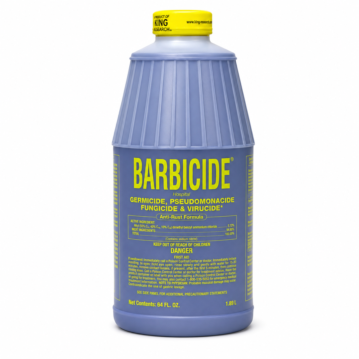 Barbicide bottle with blue body and yellow label on a white background