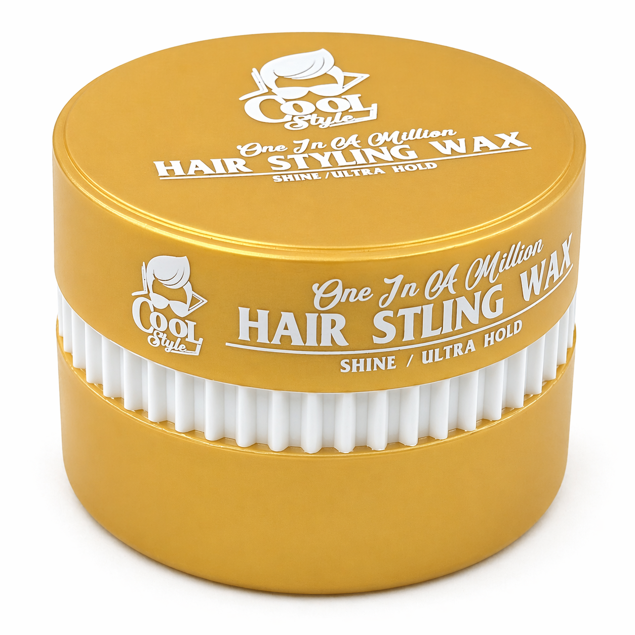 Yellow container of hair styling wax with white text and applicators on a white background