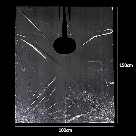 Clear plastic cape with a hole, measuring 150cm by 100cm.