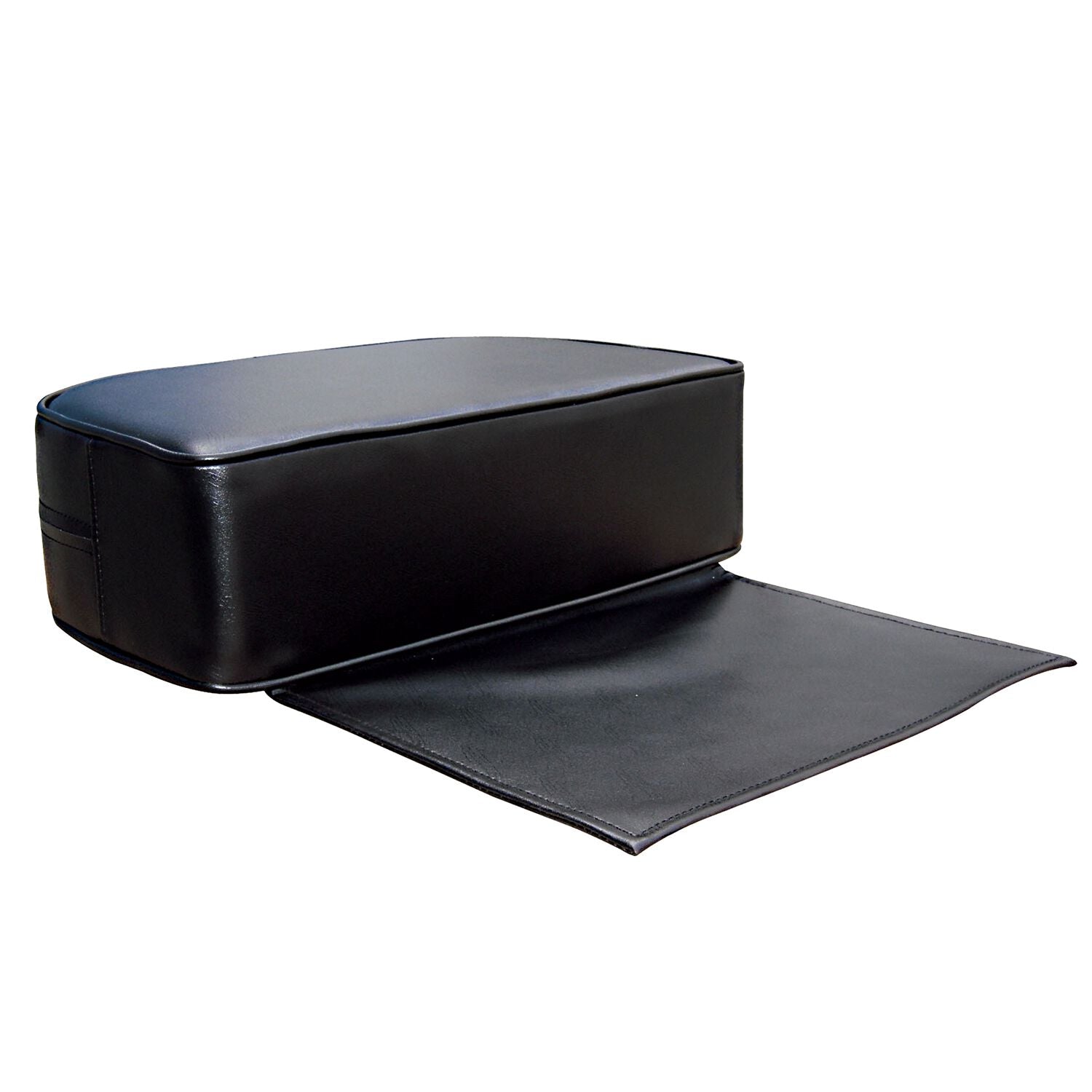 A black children's booster seat designed for use in barbershops and salons, with a sturdy cushion and a footrest.