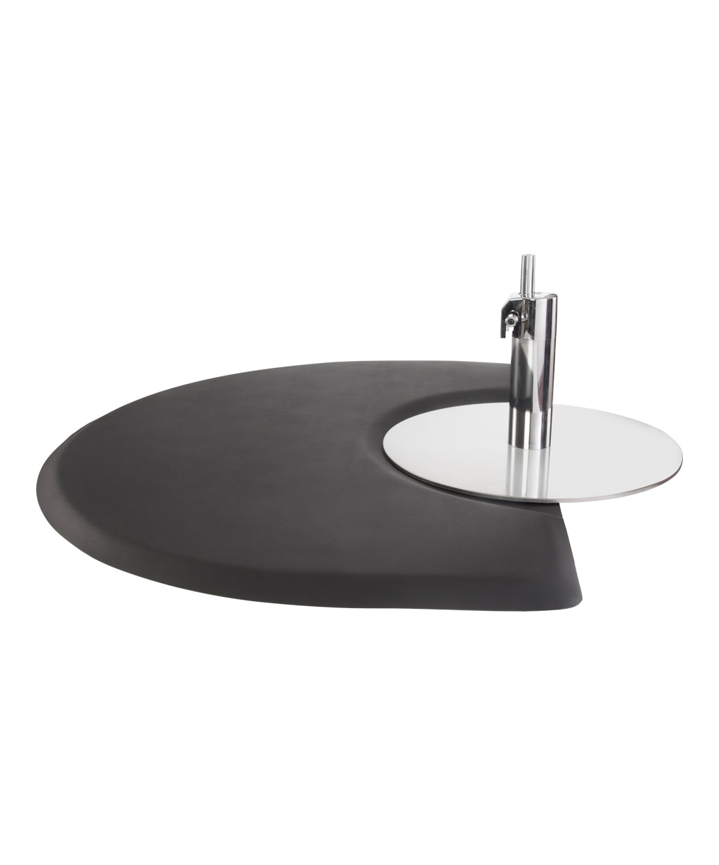 A half-moon shaped rug with a smooth, dark color, displayed in an interior setting with a modern decor.