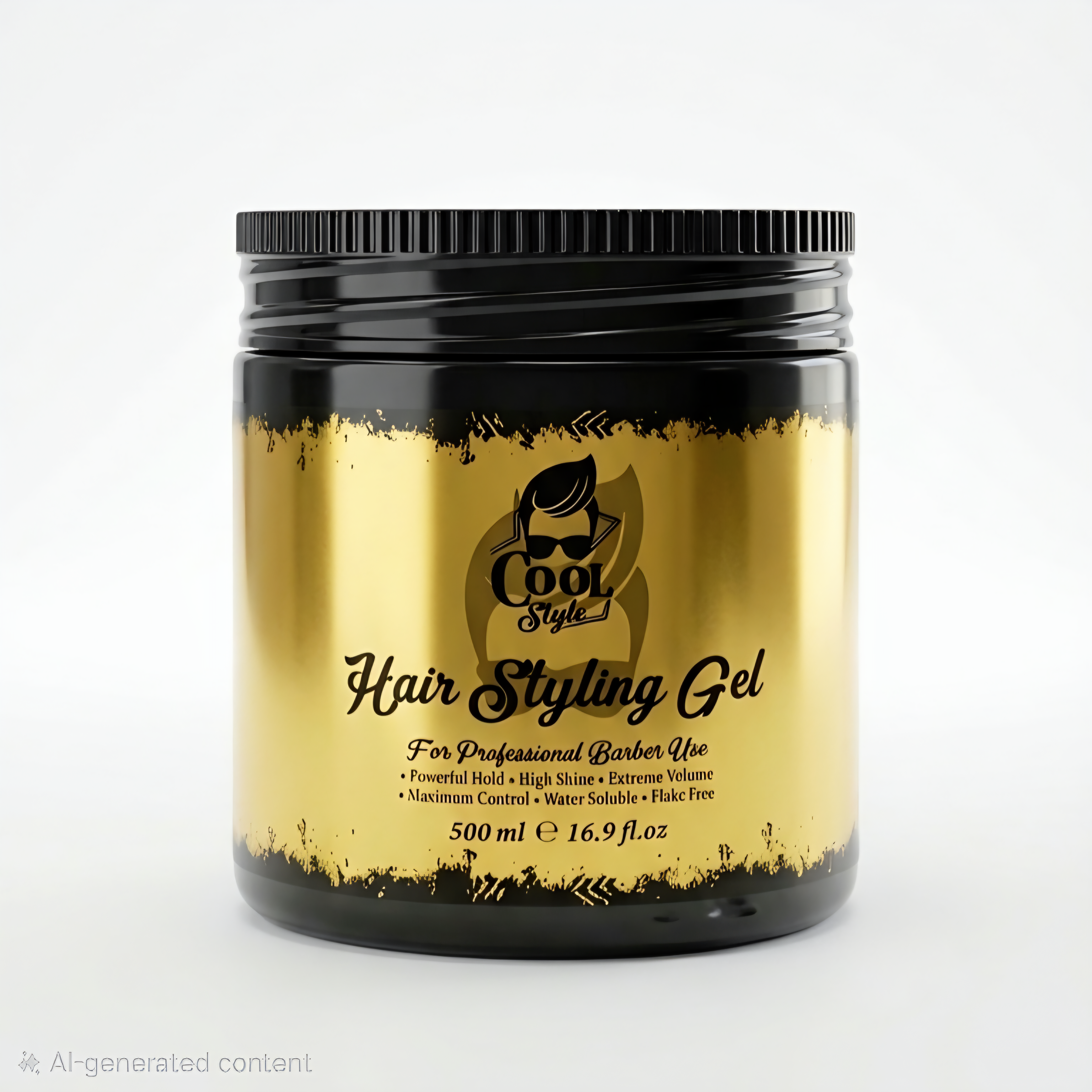 Hair styling gel jar with black and gold design on a white background