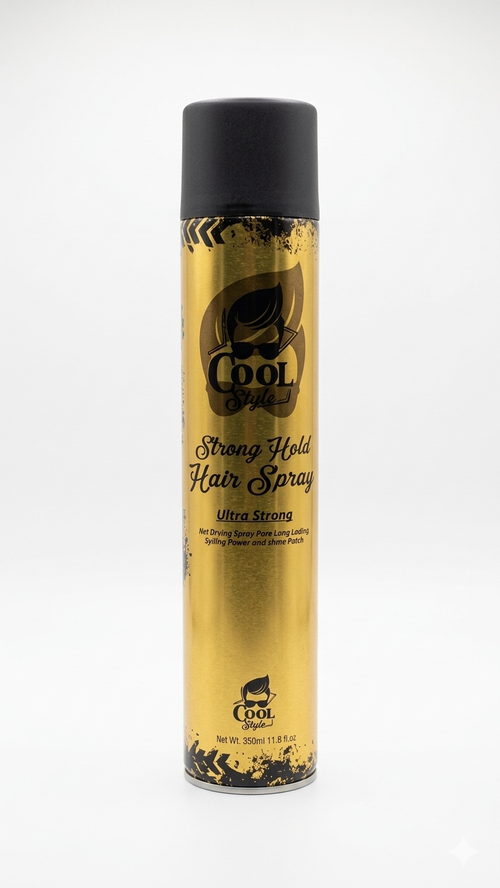 Gold hair spray can with black cap on a white background