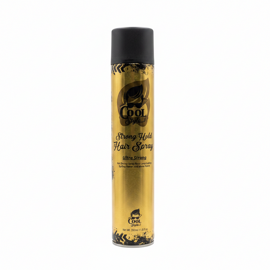 Gold hair spray can with black cap on a white background