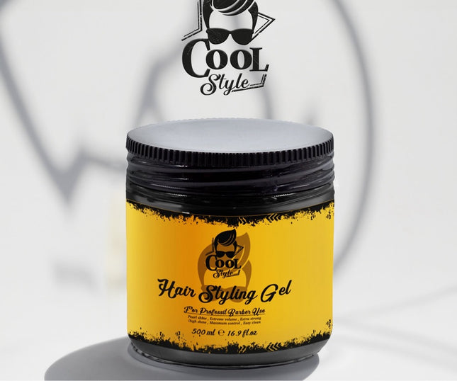 A container of hair styling gel with a label that reads 'Cool Style Hair Styling Gel'. The container is black with a yellow label and a black lid.
