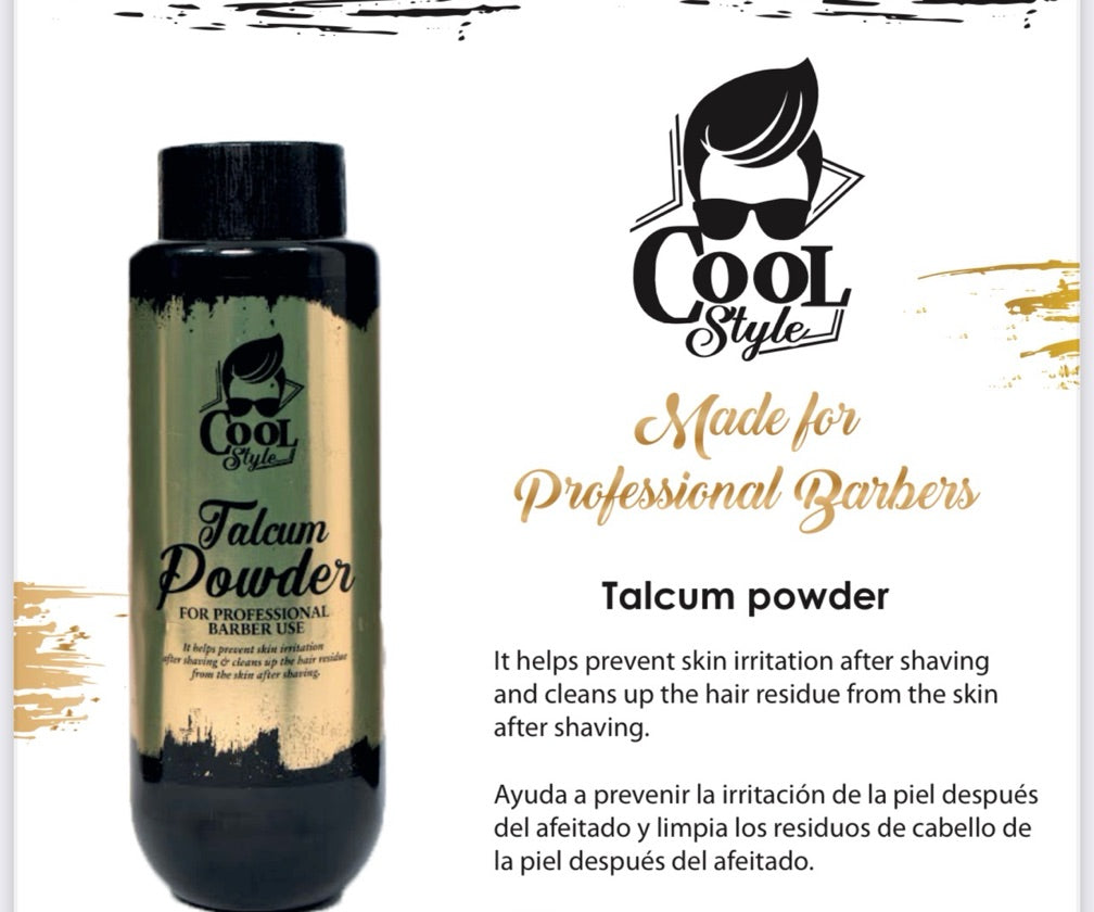 A bottle of Cool Style Talcum Powder with branding and text indicating it is made for professional barbers.