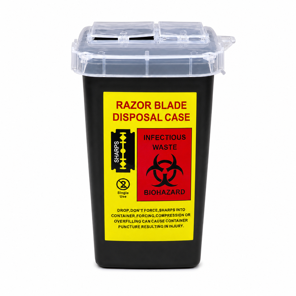 Razor blade disposal case with biohazard warning labels on a white background