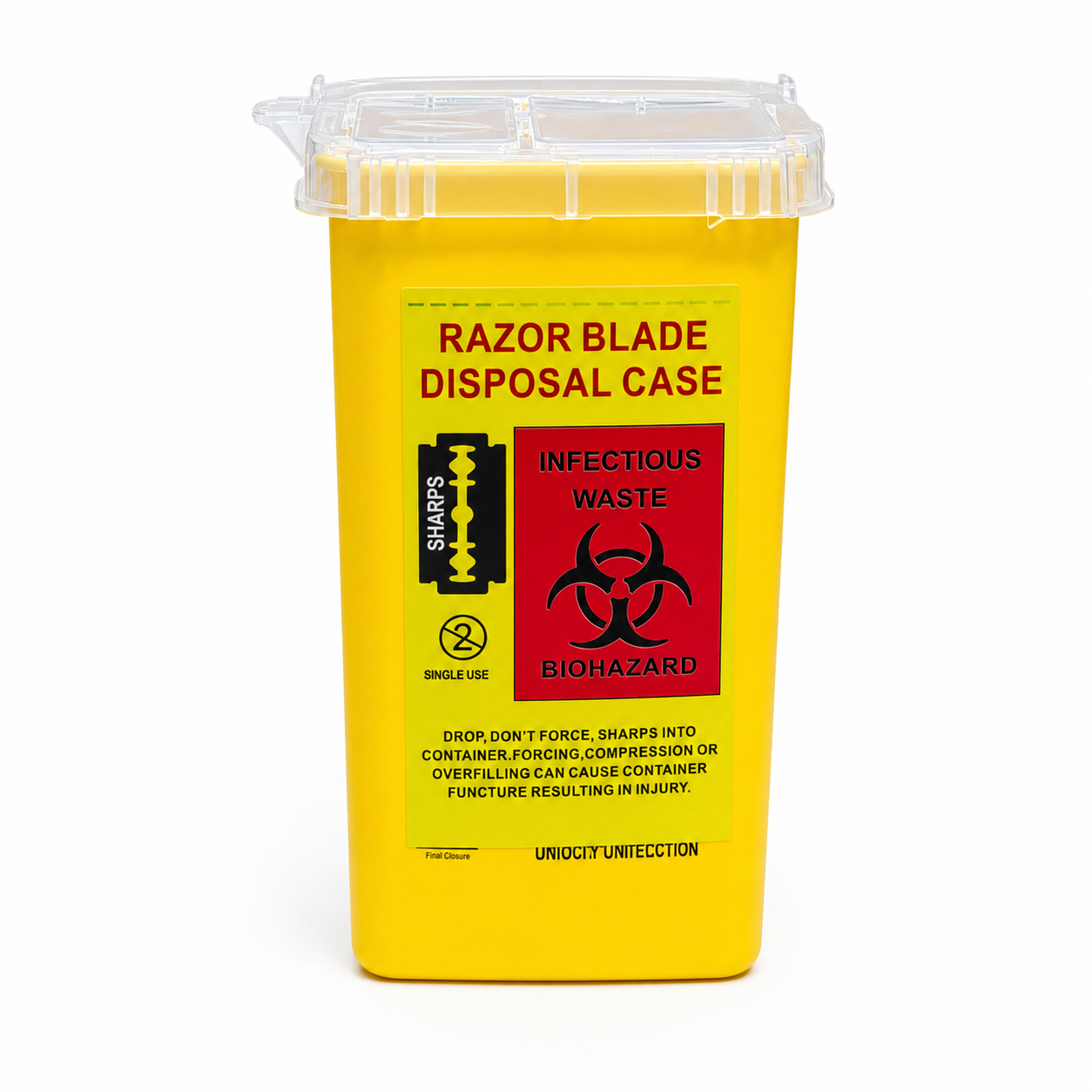 Yellow razor blade disposal case with biohazard warning