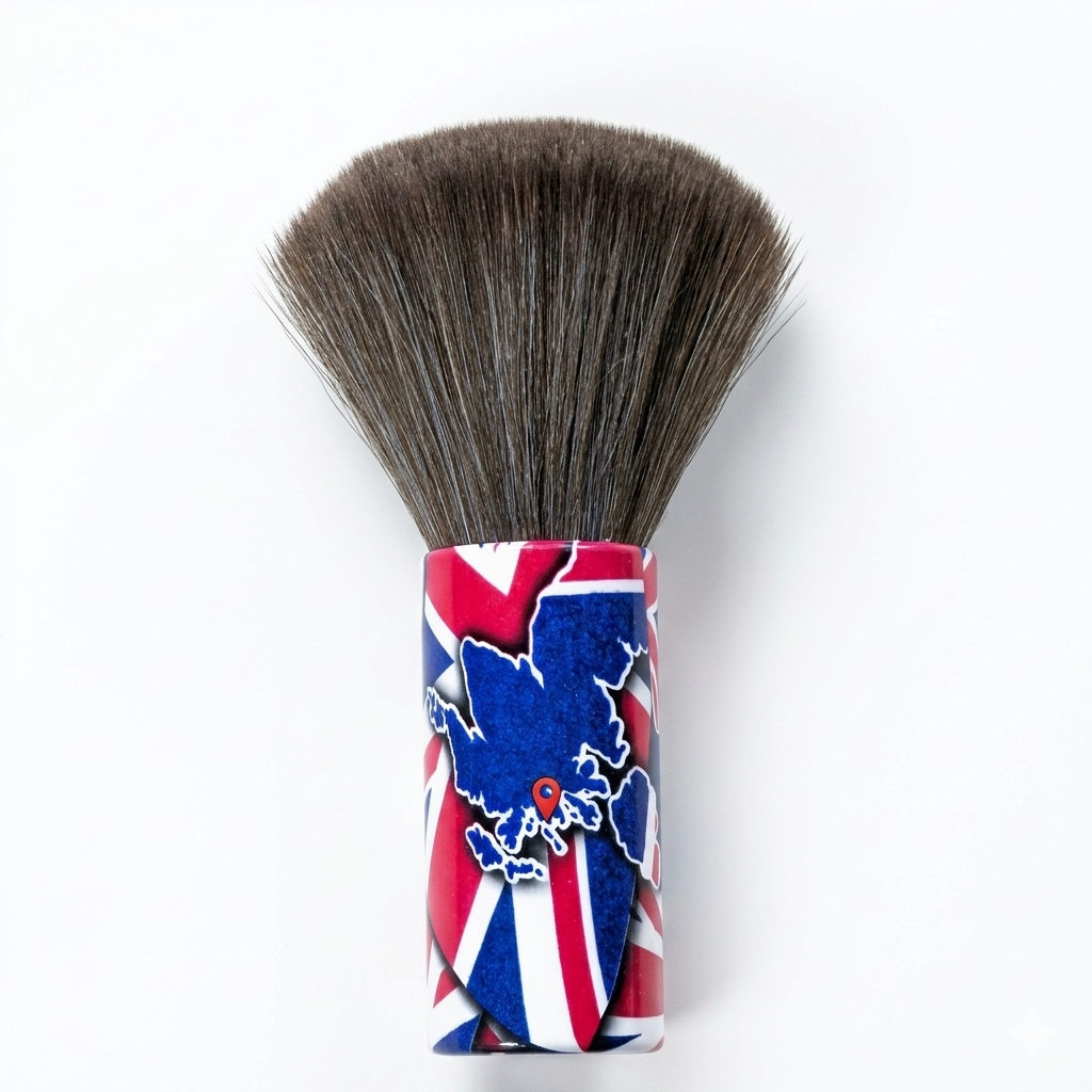 Shaving brush with a Union Jack design on a white background