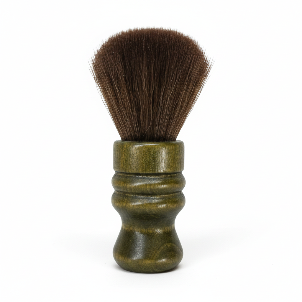 A wooden handle neck duster brush with soft bristles.