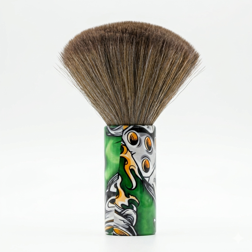 Shaving brush with a decorative handle on a white background