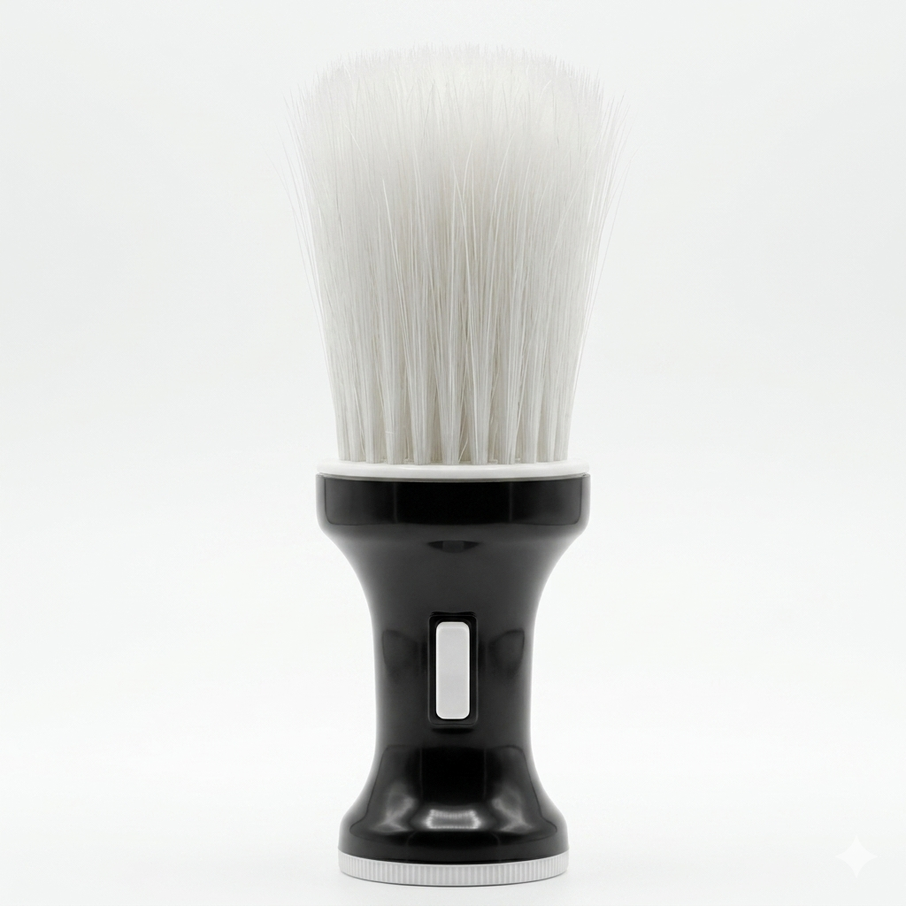 Black shaving brush with white bristles on a white background