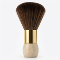 Duster brush with brown bristles, gold metal ferrule, and beige wooden handle on a white background