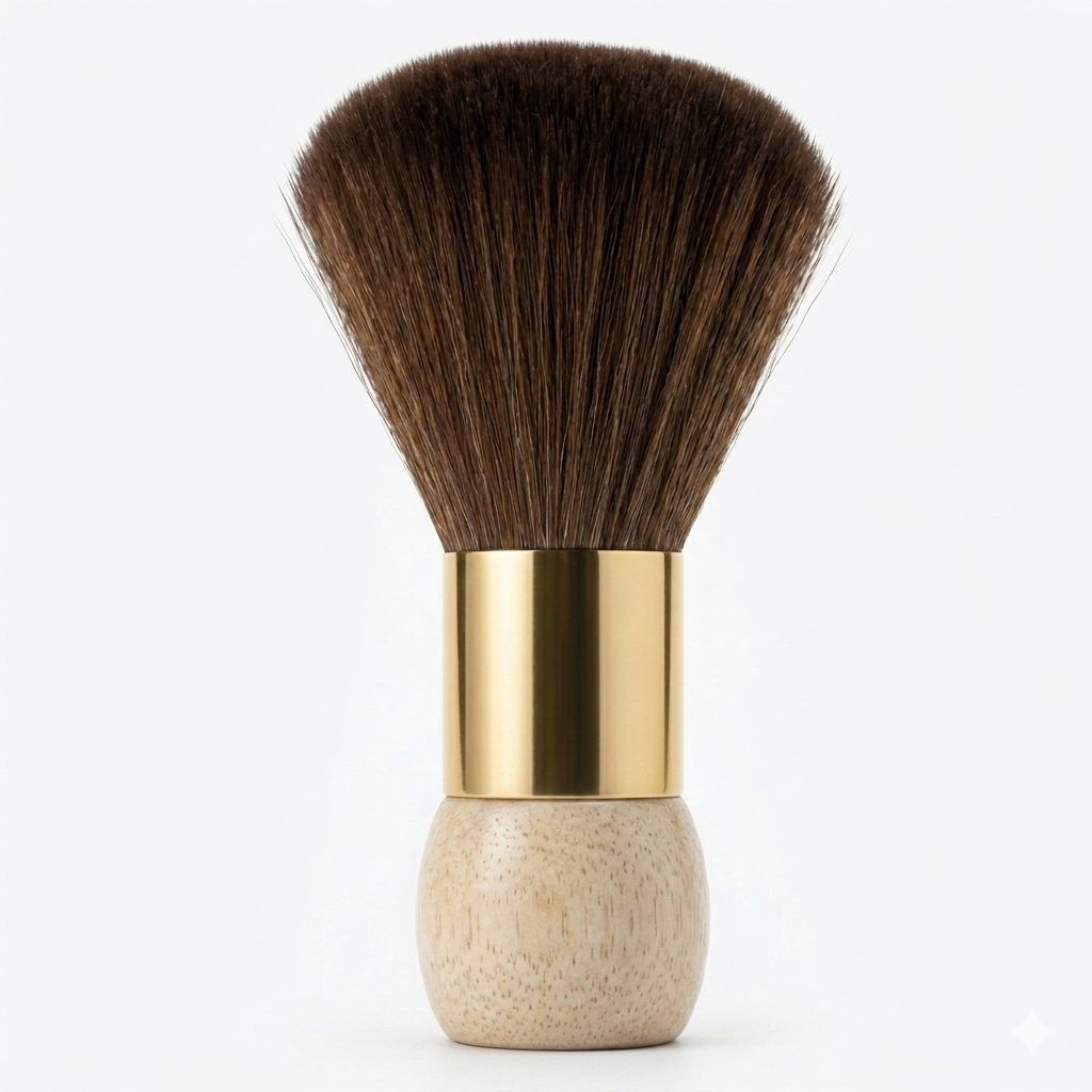 Duster brush with brown bristles, gold metal ferrule, and beige wooden handle on a white background