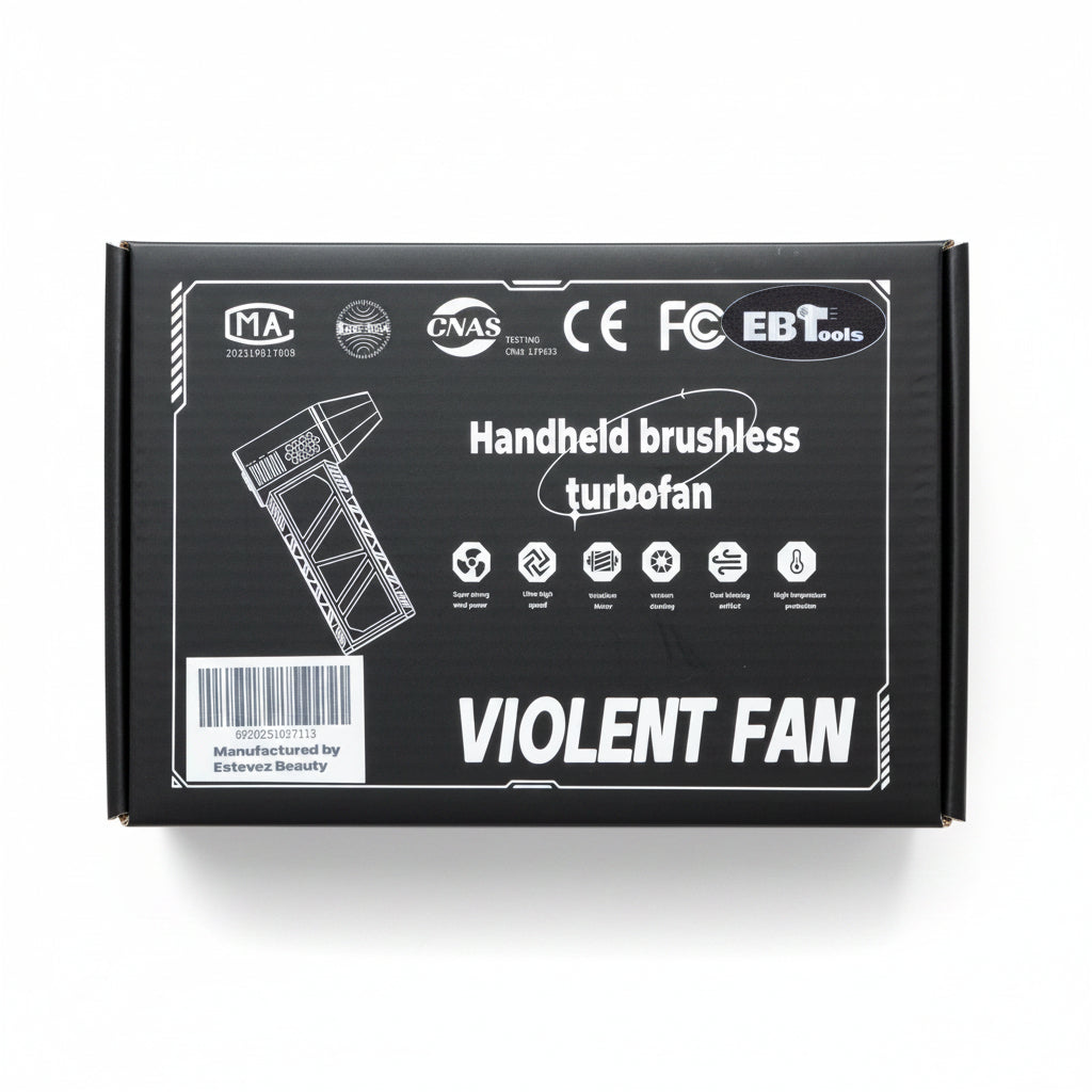 Box of a handheld brushless turbofan labeled 'Violent Fan' on a beige background