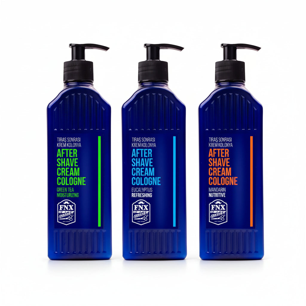 Three bottles of (FNX) After Shave Cream Cologne with pump dispensers, each with a different color label: green, blue, and orange, against a white background.