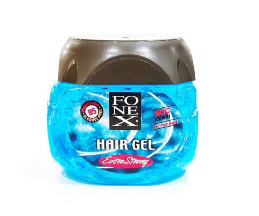 A container of Fonex hair gel with extra strong hold label, predominantly blue in color.