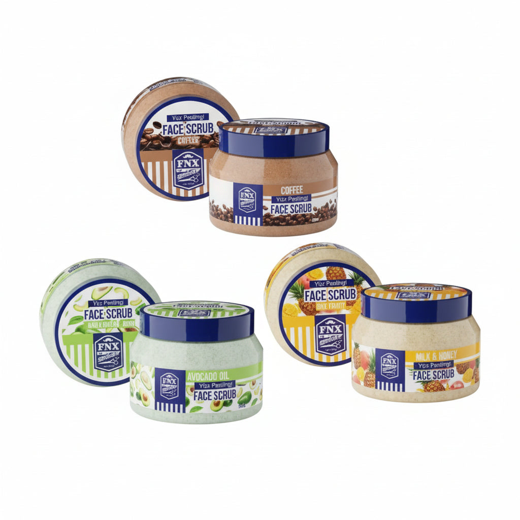 A collection of tree jars of face scrub cream, each with a different label and color.