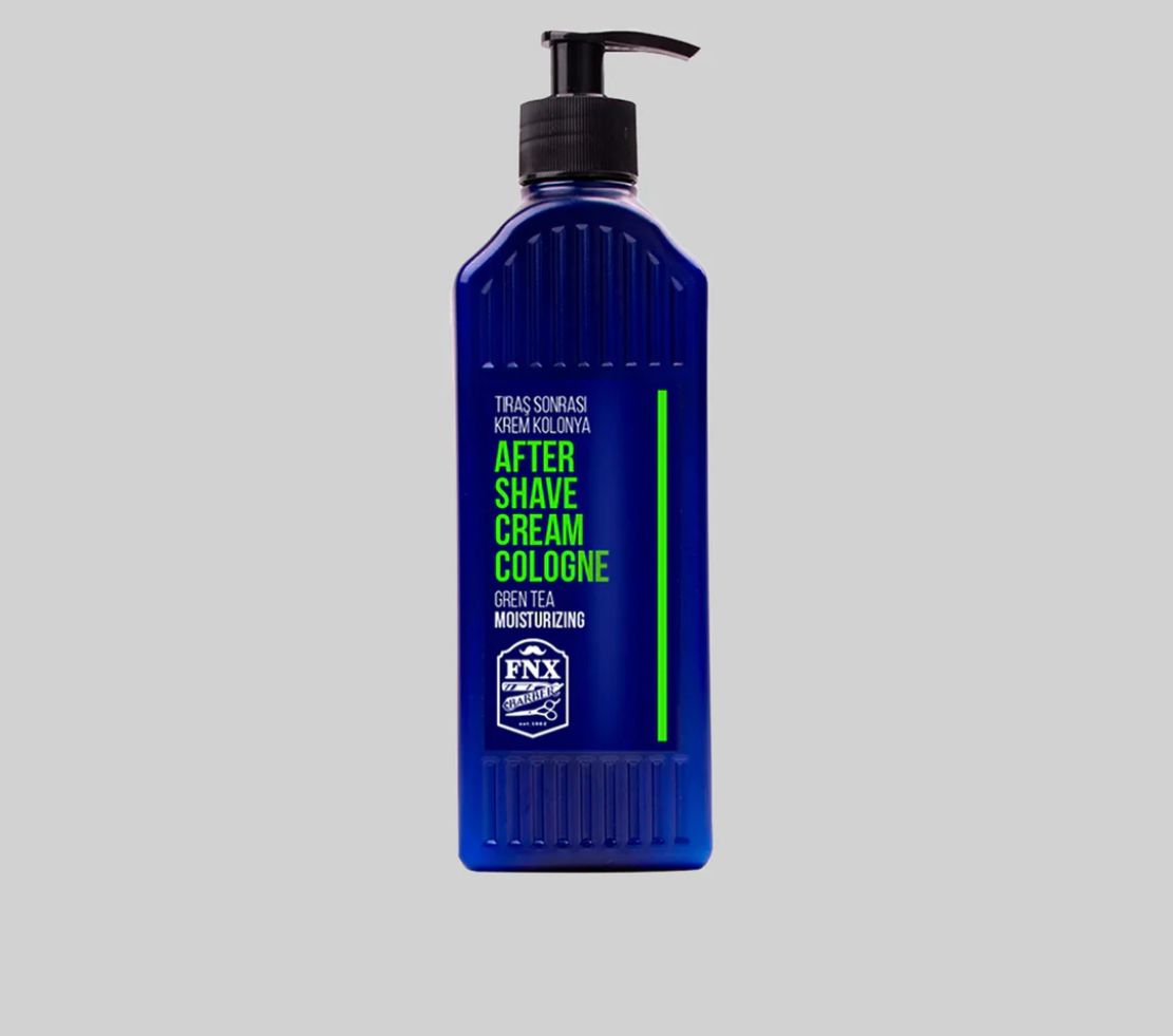 Three bottles of (FNX) After Shave Cream Cologne with pump dispensers, each with a different color label: green, blue, and orange, against a white background.