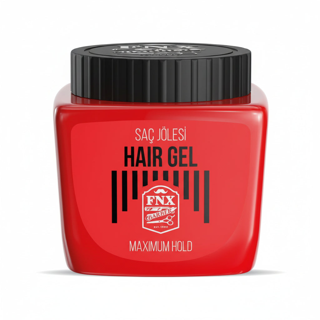 A red plastic container of hair gel with a black lid, labeled for maximum hold hair styling.