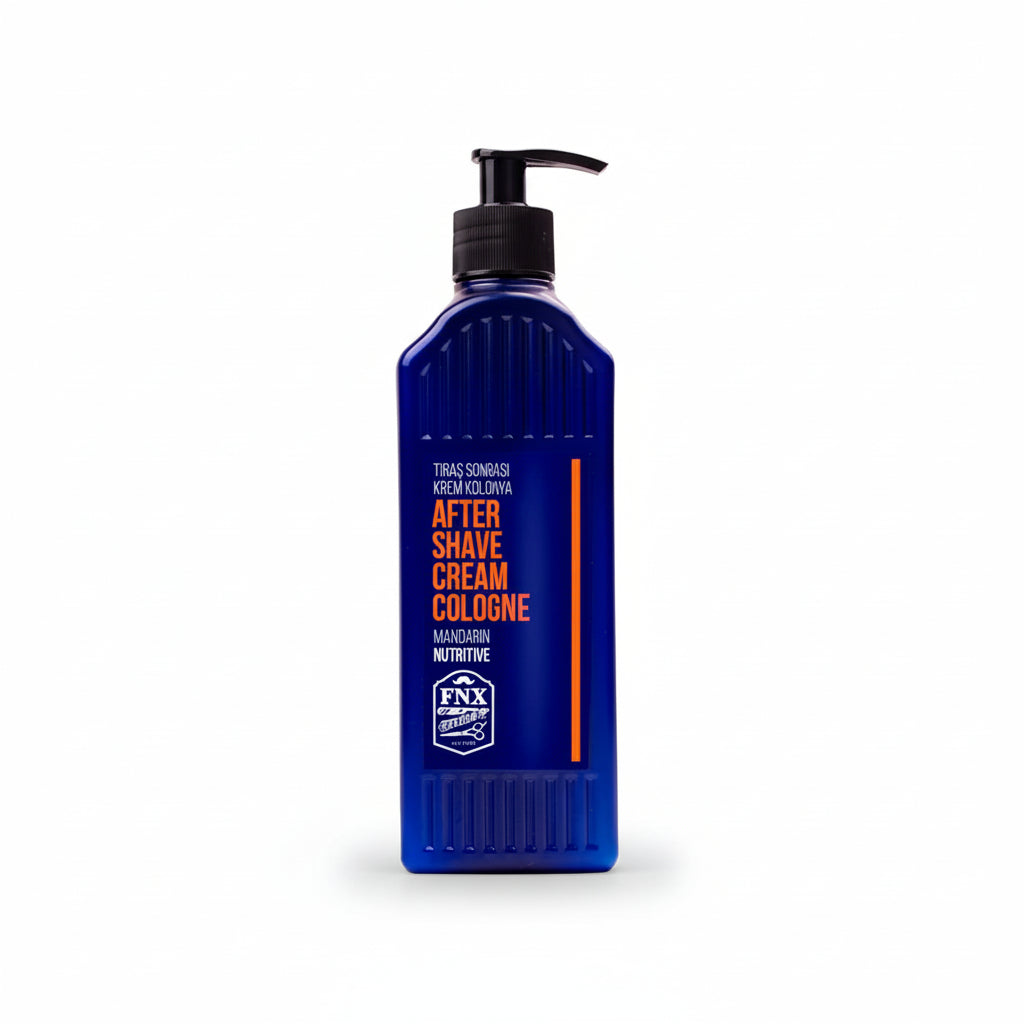 Three bottles of (FNX) After Shave Cream Cologne with pump dispensers, each with a different color label: green, blue, and orange, against a white background.
