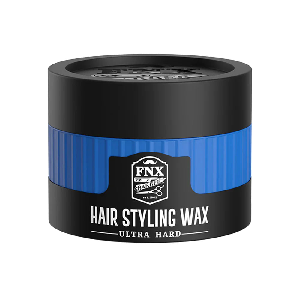 A container of (FNX) Hair Styling Wax - Ultra Hard with a black and blue label, indicating it is a hair styling product with strong hold.