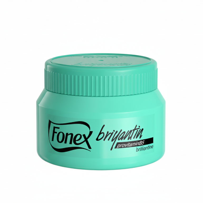 A container of Fonex brilliantine styling cream with a greenish-blue lid and label.