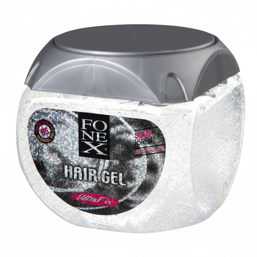 A container of Fonex hair gel with extra strong hold label, predominantly blue in color.