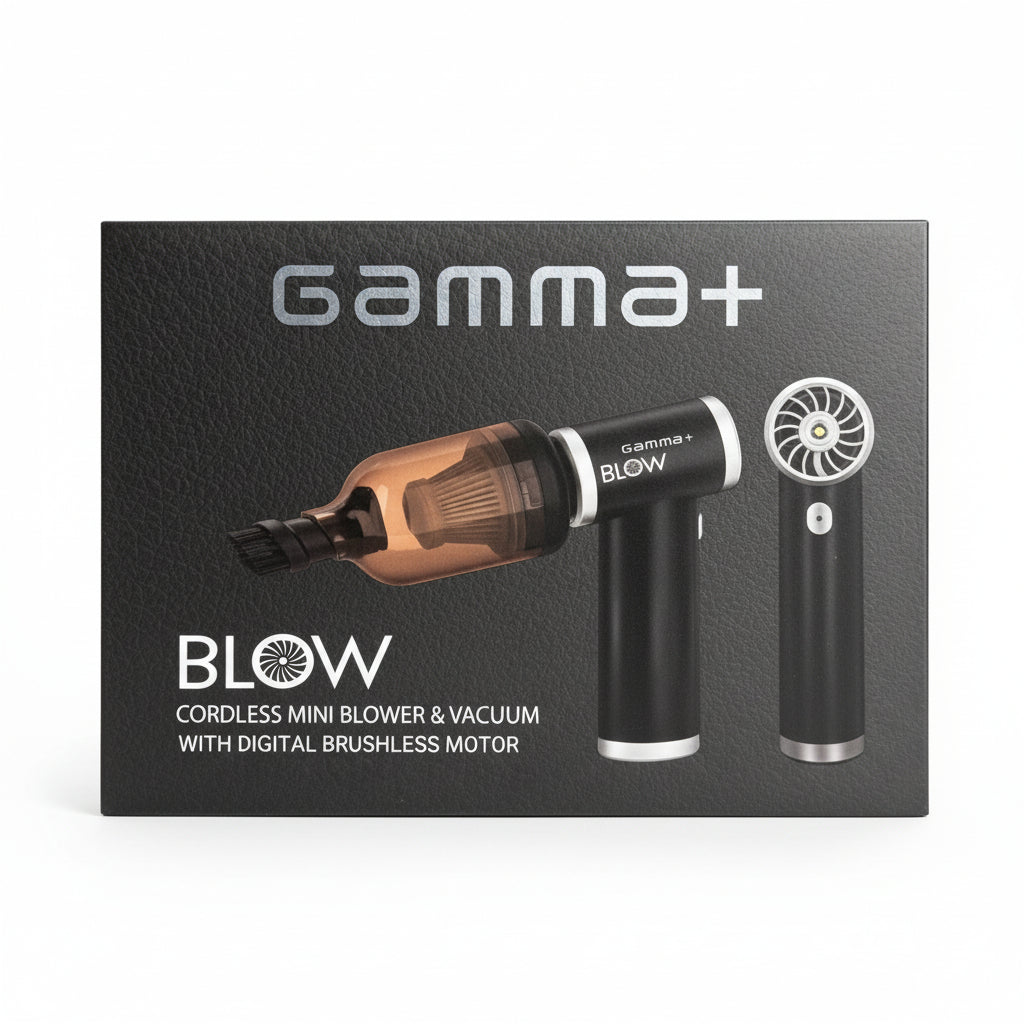 Packaging for Gamma+ 2-in-1 Mini Air Blower and Vacuum USB-C Rechargeable showing the product and its name.