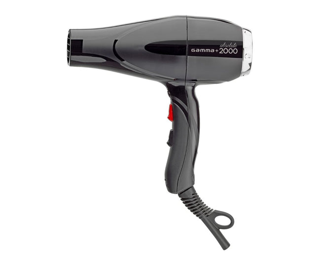 A black hair dryer with a power cord, designed for professional use.