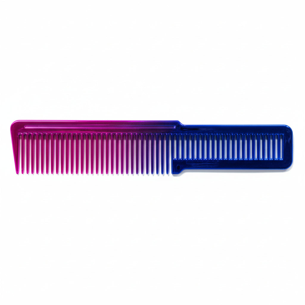 Two-toned comb with purple on one side and blue on the other, placed on a textured beige surface.