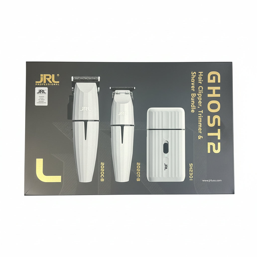 JRL Ghost2 hair clipper, trimmer, and shaver bundle packaging on a white background
