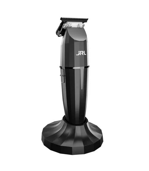 A black JRL ONYX Professional Cordless Hair Trimmer placed on its stand.