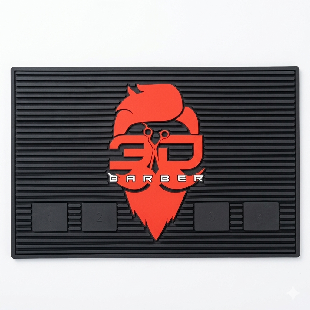 Black doormat with red beard and '3D Barber' logo on a white background