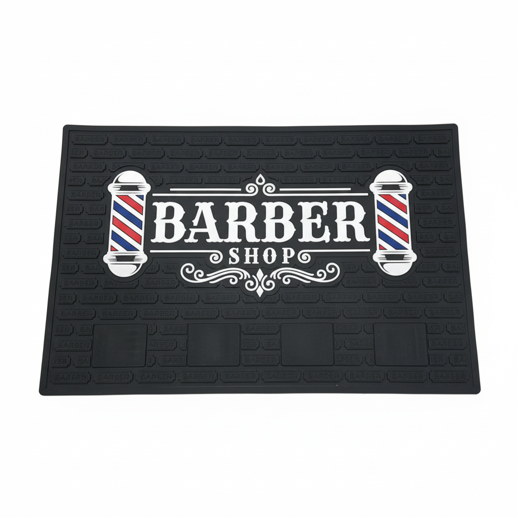 Black doormat with 'Barber Shop' text and barber pole designs on a white background