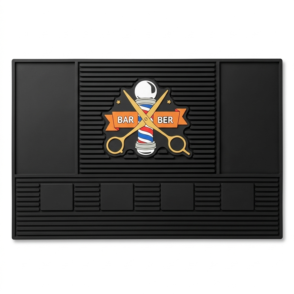 Black doormat with barber shop design featuring crossed scissors and a striped pole on a white background.