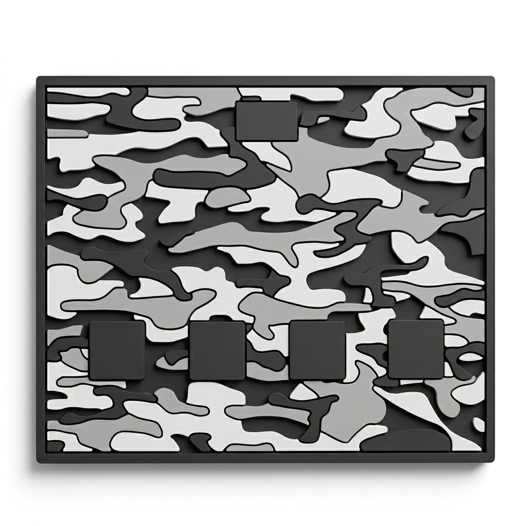 Camouflage-patterned metal wall art with four square cutouts on a white background