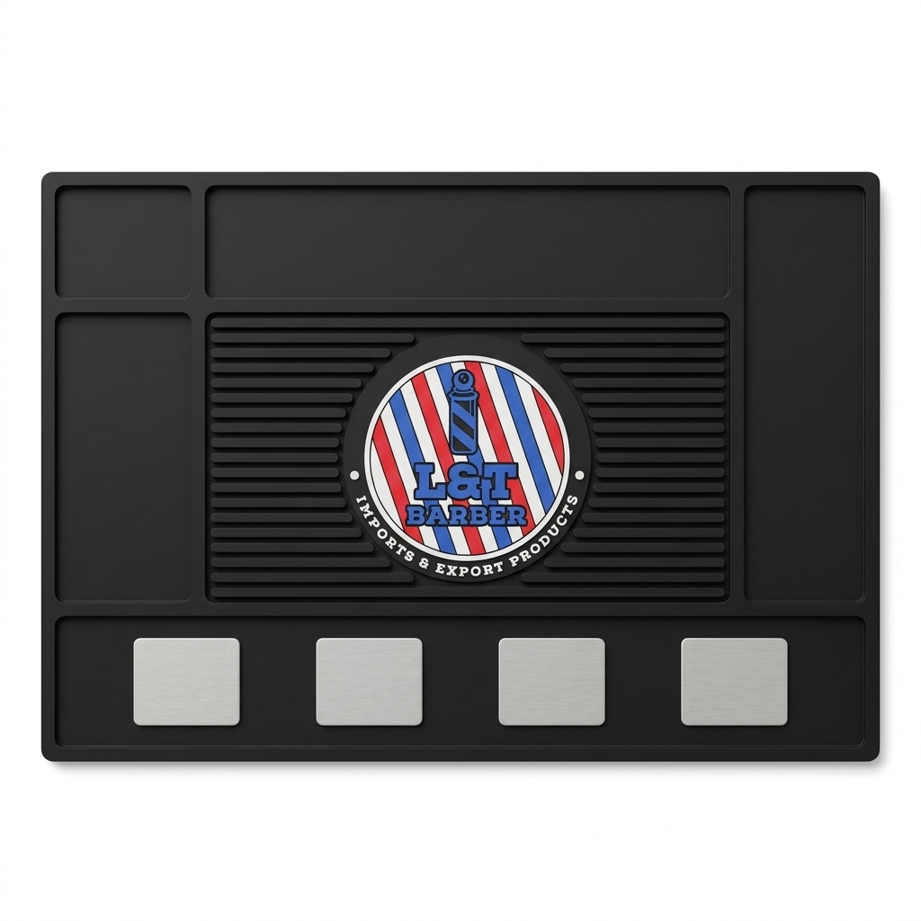 Black mat with a central logo featuring red, white, and blue colors on a white background