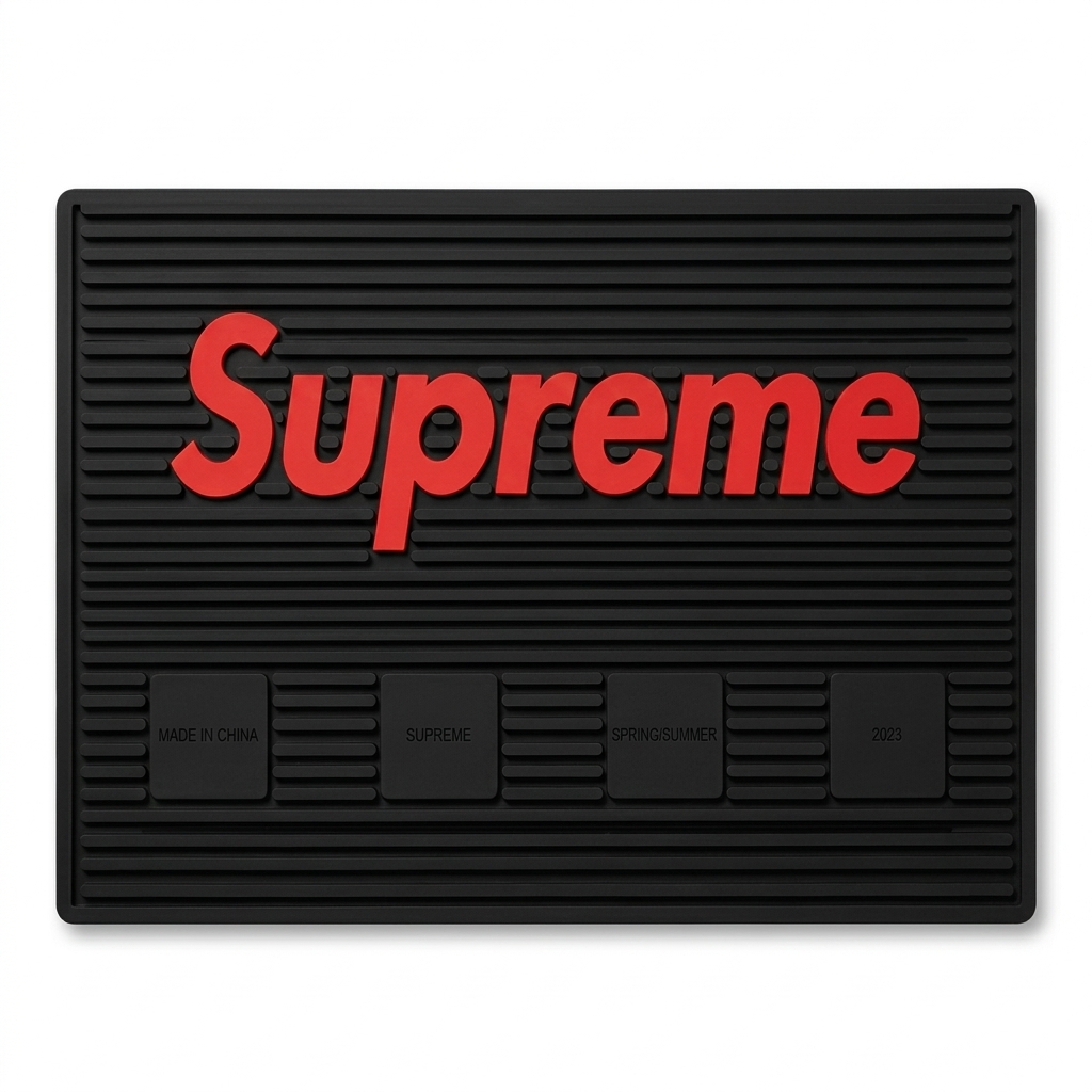 Black doormat with red 'Supreme' logo on a white background