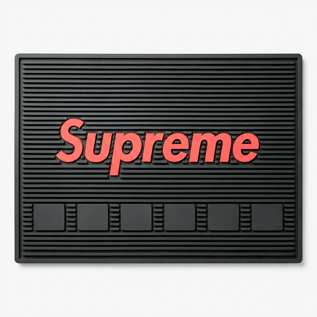 Black doormat with 'Supreme' logo in red on a white background