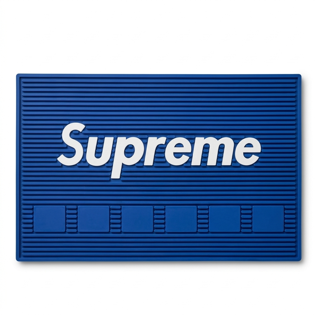 Blue Supreme logo mat on a white background