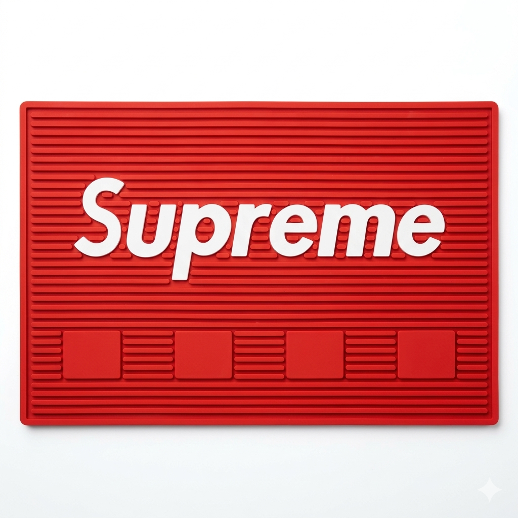 Red mat with 'Supreme' logo on a white background