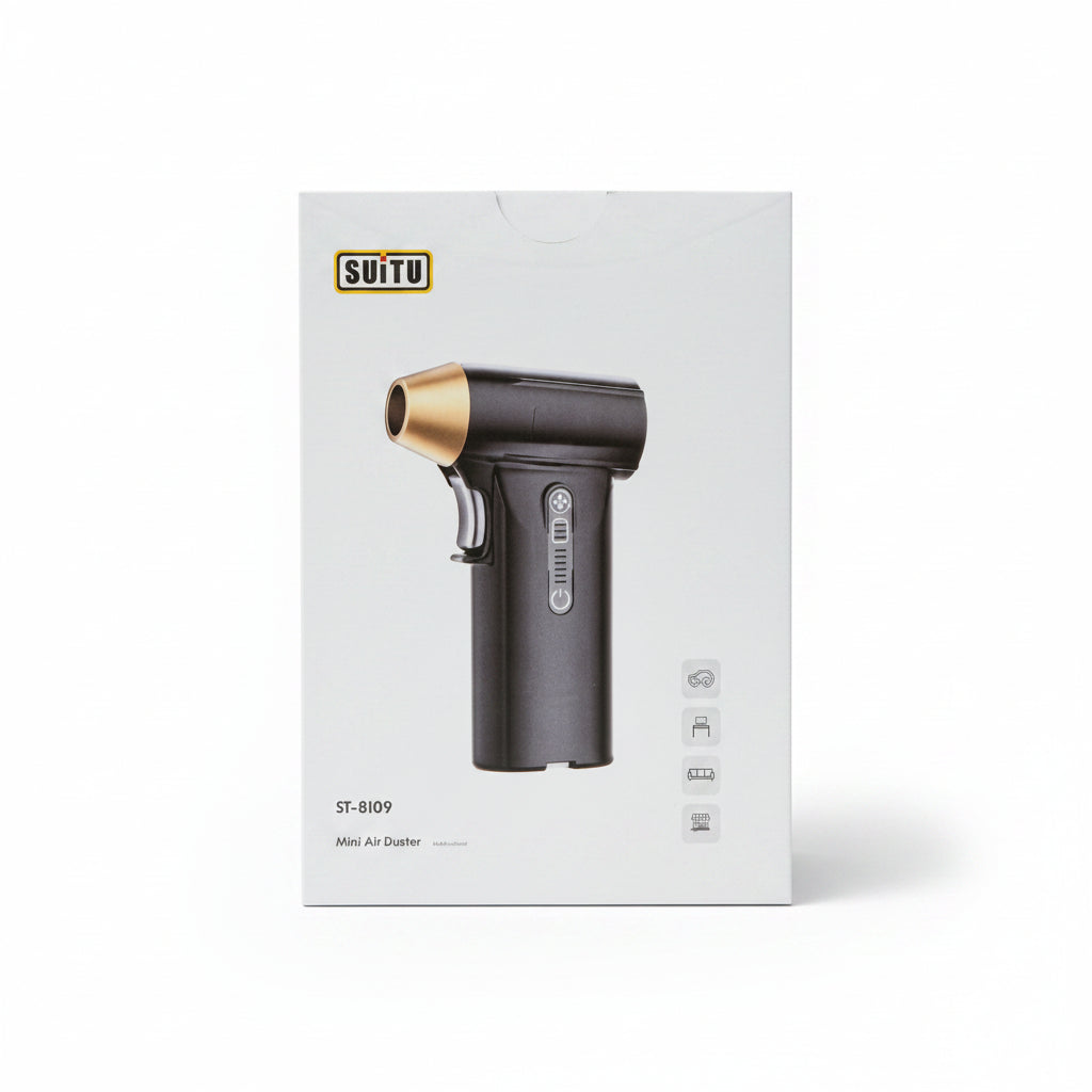 SUITU Mini Air Duster packaging on a brown background
