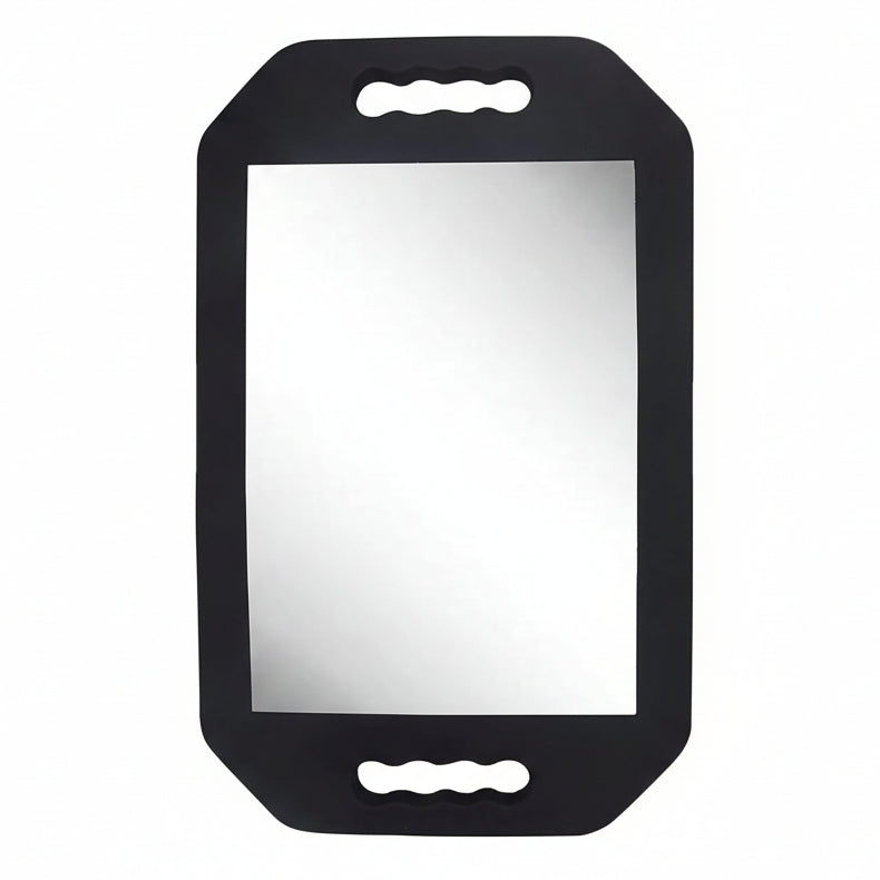 A large rectangular hand mirror with dual handles.