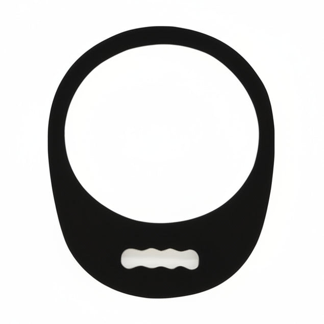 A round foam mirror with a handle, predominantly black in color with a white central mirror.